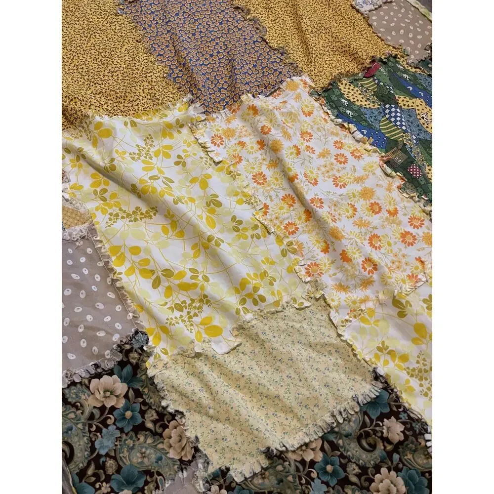 Handmade Patchwork Quilt Blanket Yellow Floral Multicolor Country Rag Throw